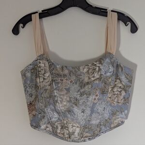 Floral Blue and Cream Women's Embroidered Corset Top